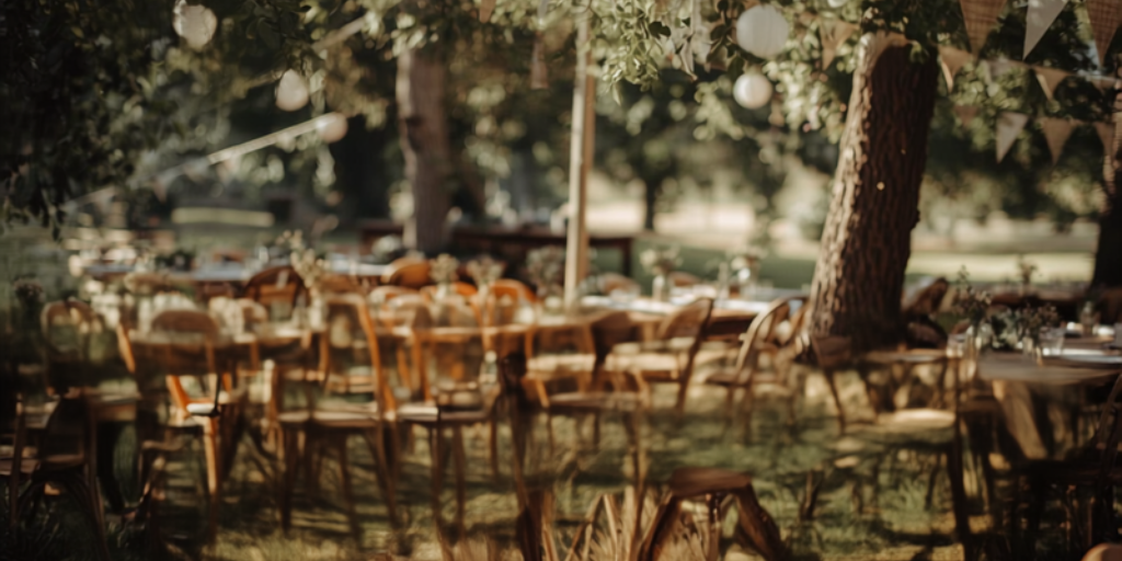 Boissons consignees pour mariage : reception en exterieur avec tables en bois, chaises depareillees, guirlandes de fanions et lanternes en papier, ambiance champetre eco-responsable