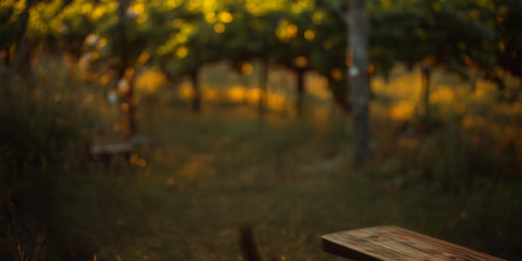 Producteurs boissons artisanales Occitanie - table en bois dans un vignoble au crépuscule